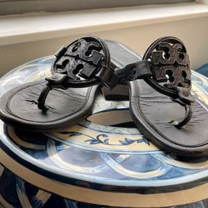 MILLER EMBELLISHED-LOGO SANDAL, LEATHER